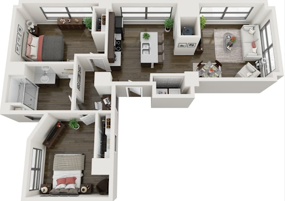 A 3D floor plan of a house with multiple rooms and furniture.