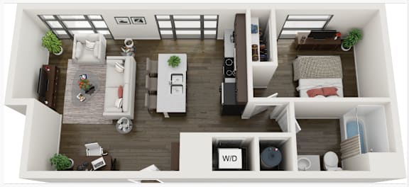 A top-down view of a small apartment with a kitchen, living room, and bathroom.