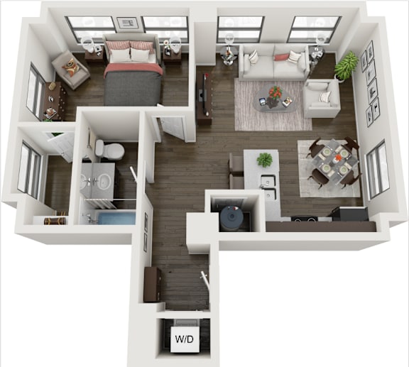 A 3D floor plan of a house with a living room, kitchen, and two bedrooms.