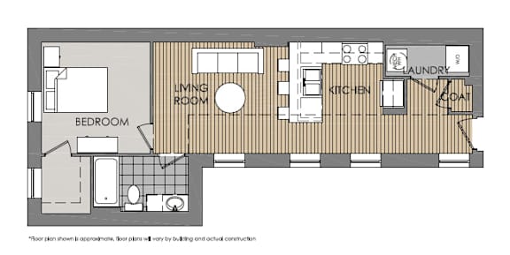 A floor plan of a house with a bedroom, living room, kitchen, and laundry area.