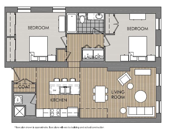 A floor plan of a house with two bedrooms, a living room, a kitchen, and a laundry room.