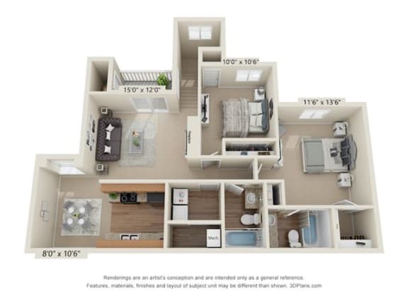 Mill Pond Apartments Chelsea Upper Floorplan 2 Bedroom Unit