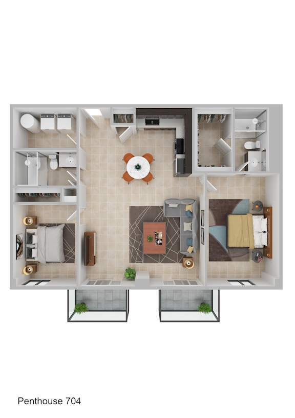 A penthouse apartment with a living room, kitchen, and two bedrooms.