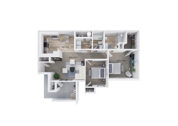 a 3d floor plan of a house with a bedroom and a living room