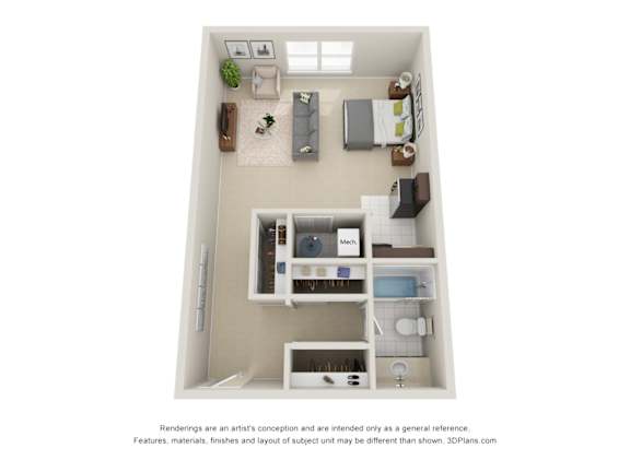 A 3D floor plan of a small apartment with a kitchen, living room, and bathroom.