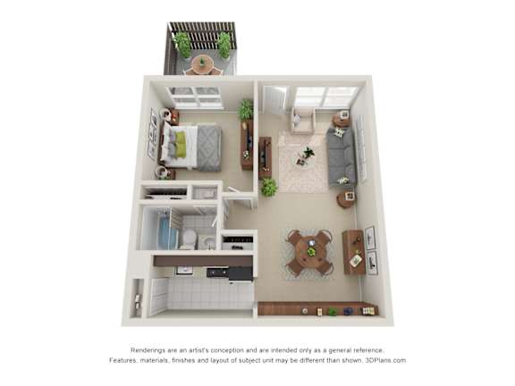 A 3D floor plan of a small apartment with a kitchen, living room, and bedroom.
