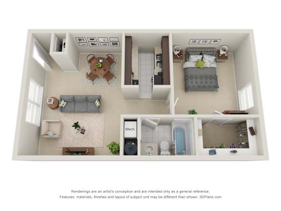A 3D floor plan of a small apartment with a kitchen, living room, and bathroom.