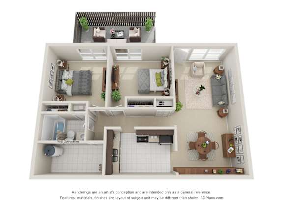 A 3D floor plan of a house with a kitchen, living room, and bathroom.