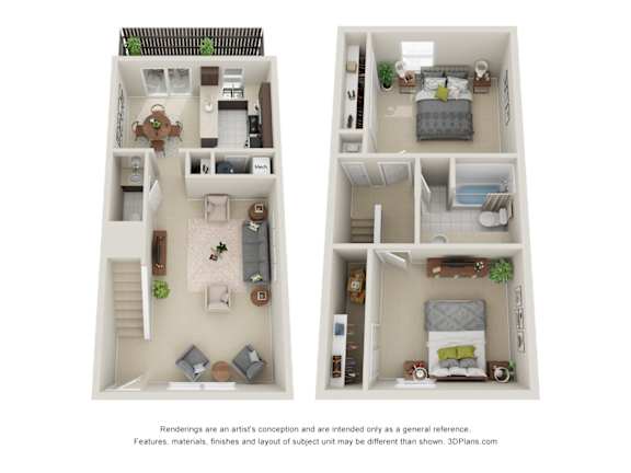 Two floor plan images of a house with a kitchen, living room, bedrooms and bathrooms.