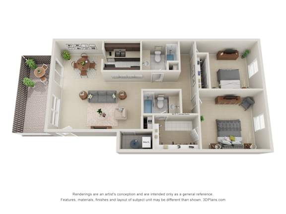 A 3D floor plan of a small apartment with a kitchen, living room, and bedrooms.