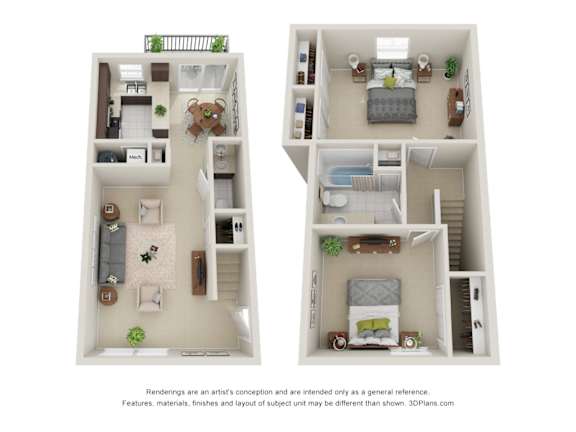 Two floor plans of a house with a kitchen, living room, bedrooms and bathrooms.