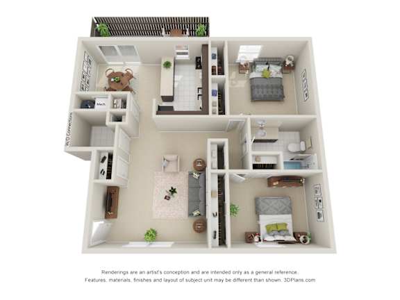 A 3D floor plan of a house with a kitchen, living room, and bedrooms.