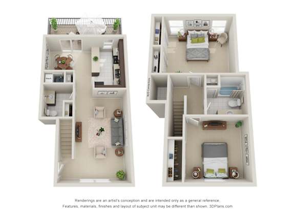 A 3D floor plan of a two-bedroom apartment with a living room, kitchen, and bathroom.