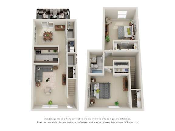 Two images of a small apartment with a kitchen, living room, and bedroom.