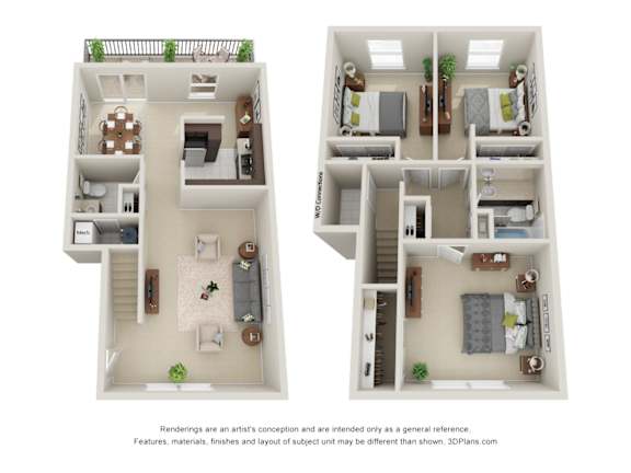 Two floor plans of a house with a kitchen, living room, and bedrooms.
