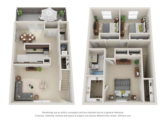Two images of a small apartment layout with a kitchen, living room, and bedroom.