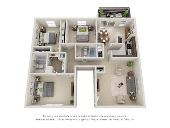 A 3D floor plan of a house with a kitchen, living room, and bedrooms.