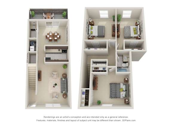 Two images of a floor plan of a house with a kitchen, living room, and bedrooms.