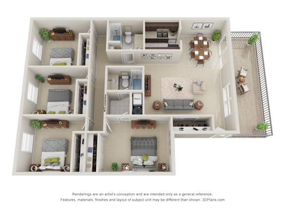 A 3D floor plan of a house with multiple rooms and furniture.