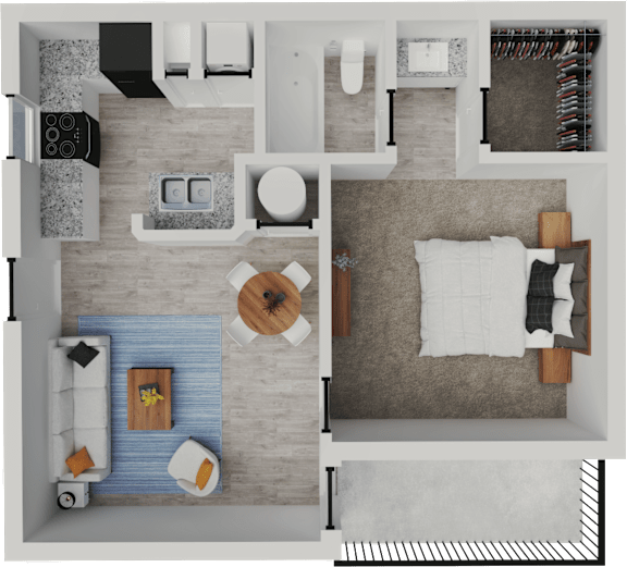 A top-down view of a modern bedroom with a bed, nightstand, and a small table with a plant on it.