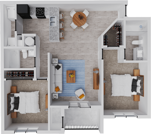 A top-down view of a small apartment with a living room, kitchen, and bedroom.