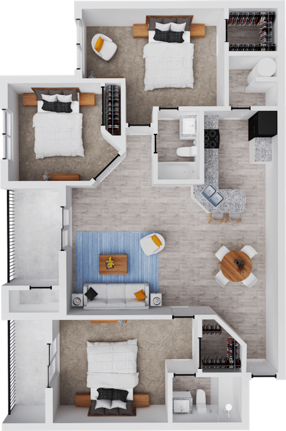 A top-down view of a small apartment with a bedroom, living room, and kitchen.