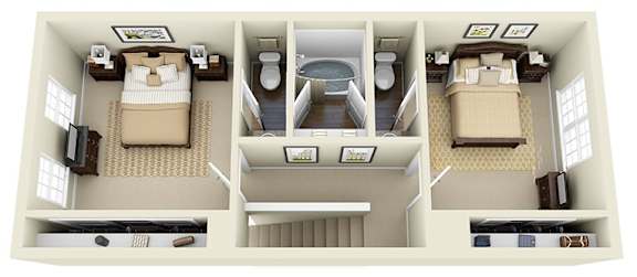 A top down view of a small apartment with two bedrooms, a living room, a kitchen, and a bathroom.