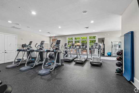 A gym with treadmills, elliptical machines, and weights.