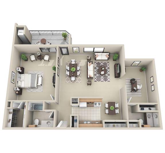 A 3D floor plan of a house with a kitchen, living room, dining room, and bathrooms.