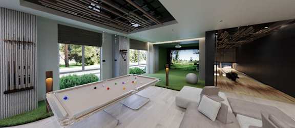 A billiard table is in the middle of a room with a couch and a window.