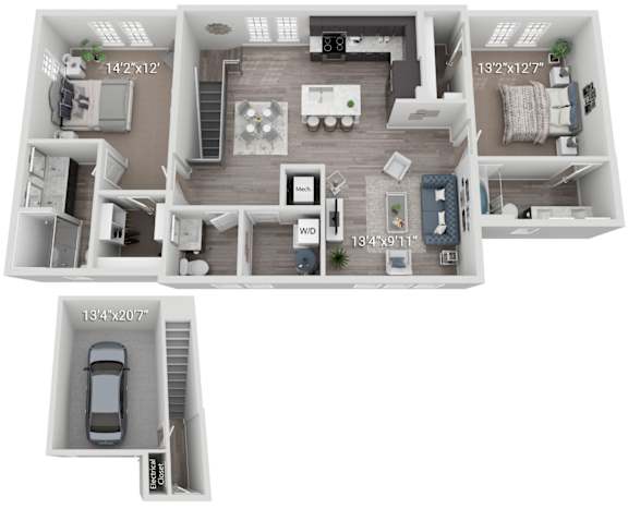 A 3D floor plan of a house with a car garage.