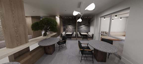 Interior courtyard with glass liftaway doors opening to exterior courtyard and pool