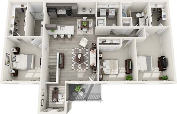 A top-down view of a house layout with a living room, kitchen, and two bedrooms.