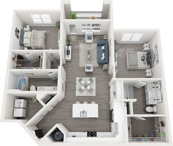 A top-down view of a modern apartment layout with a kitchen, living room, bedrooms, and bathrooms.