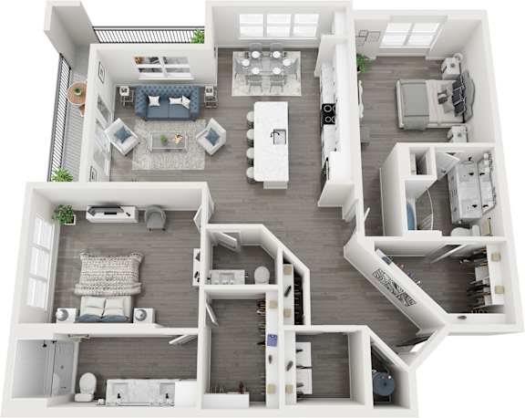 A top-down view of a modern, open-plan apartment with a kitchen, living room, and bedroom.