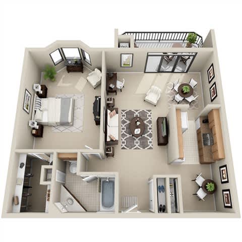 A 3D floor plan of a house with a kitchen, living room, and bathroom.