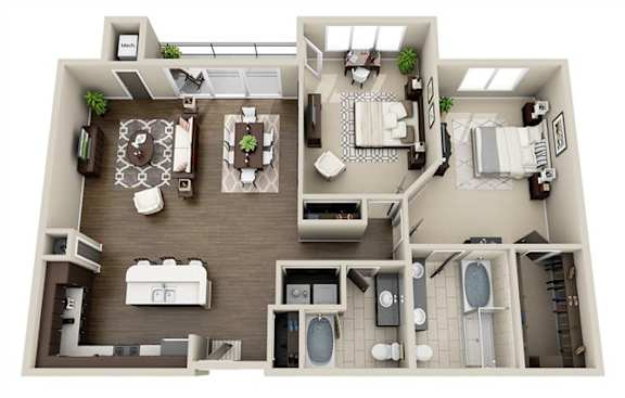 A 3D rendered image of a house layout.