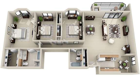 A 3D floor plan of a house with multiple rooms and furniture.
