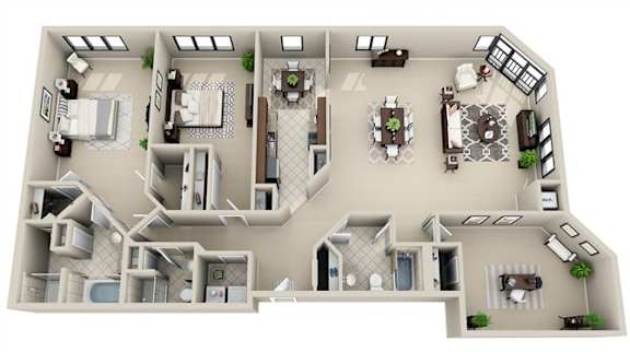 A 3D rendered image of a house layout.