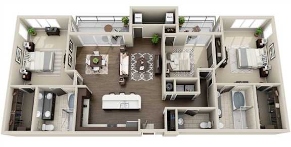 A top-down view of a house layout with a kitchen, living room, dining room, and bathrooms.