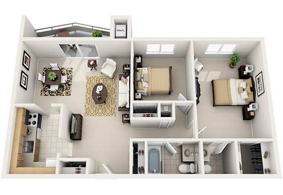 Floor Plan  A floor plan of a house with a kitchen, living room, dining room, and bathroom.