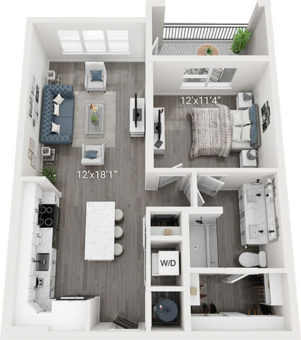 Floor Plan  A floor plan of a small apartment with a living room, kitchen, and bedroom.