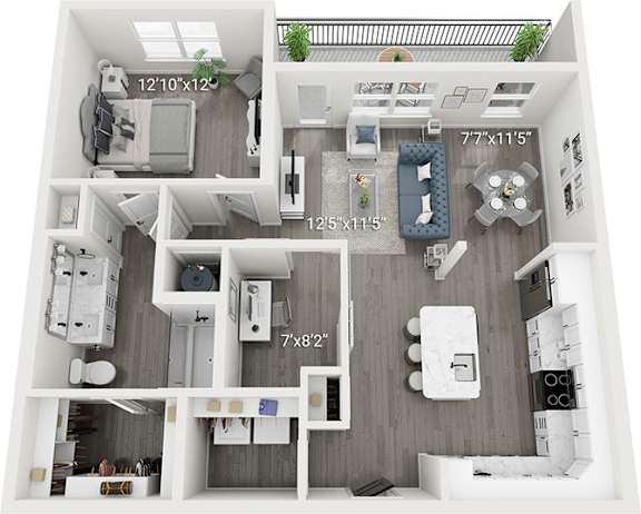 A 3D floor plan of a small apartment with a kitchen, living room, and bathroom.