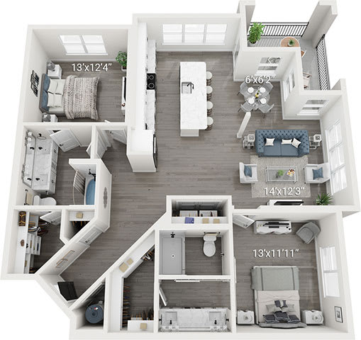 A 3D floor plan of a house with dimensions and furniture layout.