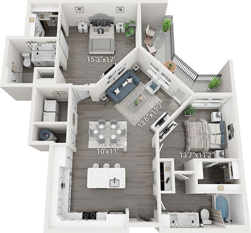 A 3D floor plan of a house with labeled dimensions.