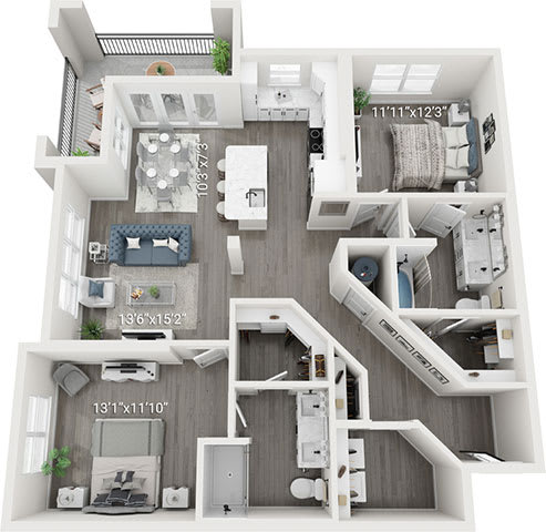 A 3D floor plan of a house with dimensions and furniture layout.