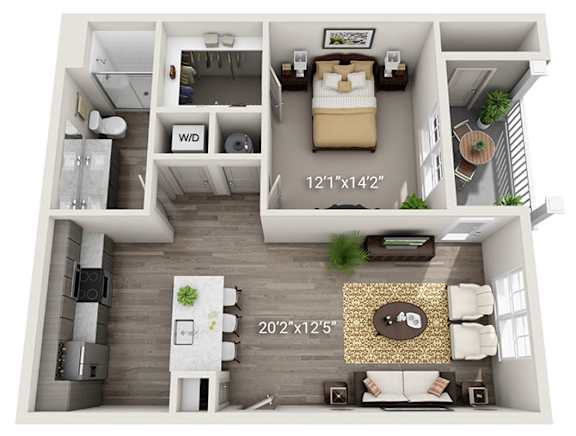 Floor Plan  A floor plan of a small apartment with a bedroom, living room, and kitchen.