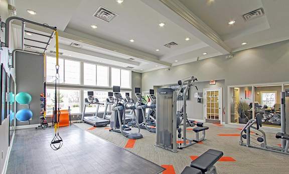 A gym with a variety of equipment including a squat rack, bench, and weights.
