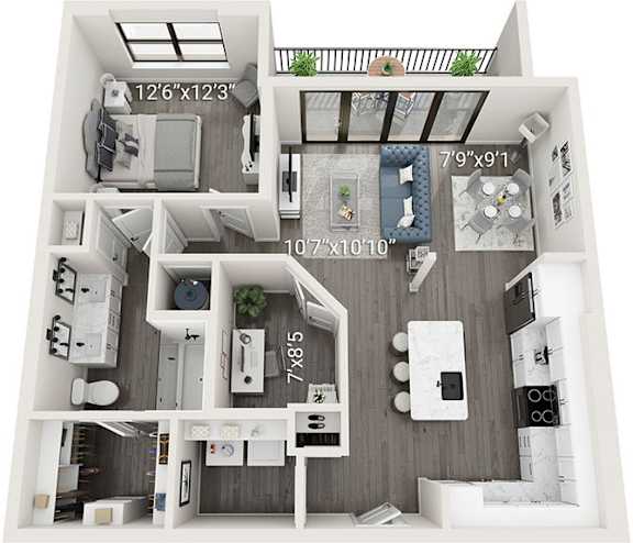 A 12x12 room with a 7x9 room attached to it.