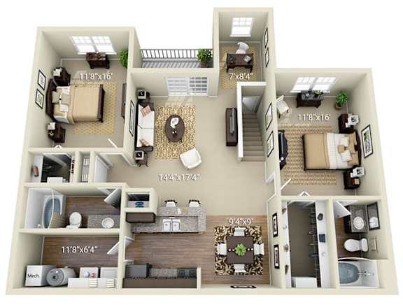 A 3D floor plan of a house with labeled rooms and dimensions.